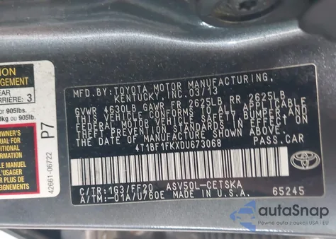 2013 Toyota Camry L/Se/Le/Xle z USA, uszkodzony, nr VIN 4T1BF1FKXDU673068